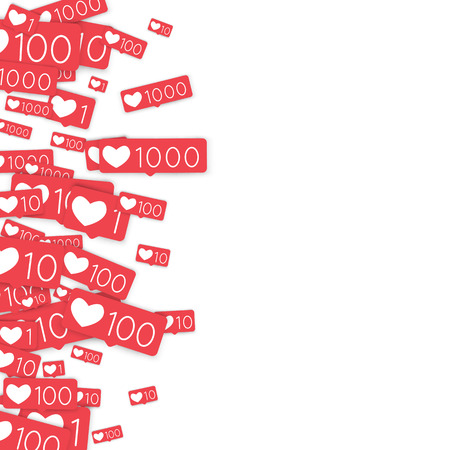 Social media counters. Like background. Social network icons. SMM, digital marketing, advertising, app, seo, web background with falling like counters isolated on white backdrop. Web addiction.のイラスト素材