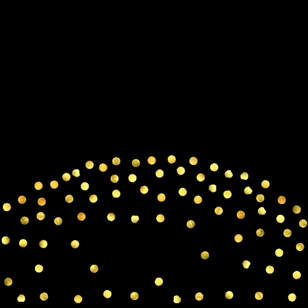 Golden confetti isolated on black background. Scatter gradient with gold confetti on dark backdrop. Glamour falling glitter. New year wallpaper. Luxury vector brochure template. Cover texture design.のイラスト素材