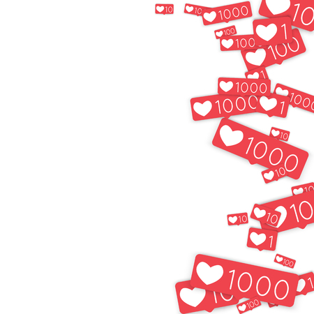 Social media counters. Like background. Social network icons. SMM, digital marketing, advertising, app, seo, web background with falling like counters isolated on white backdrop. Web addiction.のイラスト素材