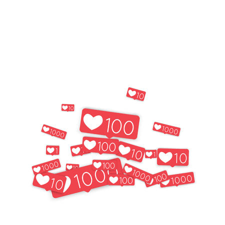 Social media counters. Like background. Social network icons. SMM, digital marketing, advertising, app, seo, web background with falling like counters isolated on white backdrop. Web addiction.のイラスト素材