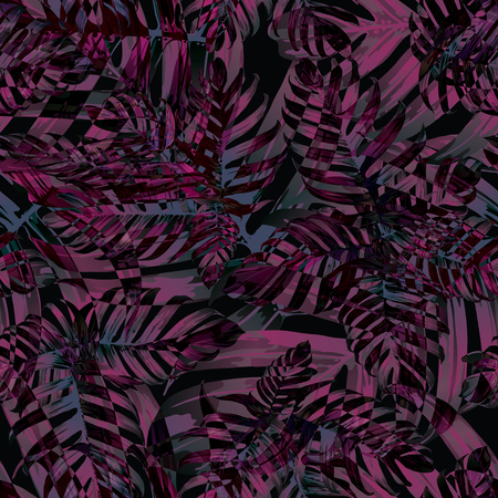 Palm Monstera Seamless Pattern. Black Pink Tropical Summer Background. Beach Jungle Leaves for Swimwear Design. Lei Rapport. Retro Hawaiian Print. Exotic Texture. Botanic tiling.のイラスト素材