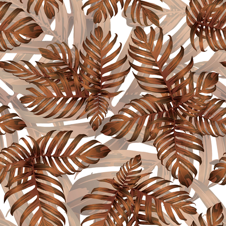 Palm Monstera Seamless Pattern. Orange White Tropical Summer Background. Beach Jungle Leaves for Swimwear Design. Lei Rapport. Vintage Hawaiian Print. Exotic Texture. Botanic tiling.のイラスト素材