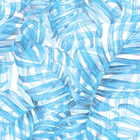 Palm Monstera Seamless Pattern. Blue White Tropical Summer Background. Beach Jungle Leaves for Swimwear Design. Lei Rapport. Retro Hawaiian Print. Tropic Textile Texture.  Botanic tile.のイラスト素材