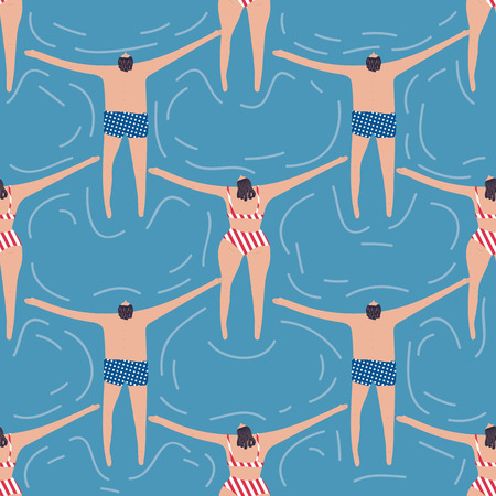 Swimmers in the pool seamless pattern. Summer vector people in swimwear. Healthy lifestyle hawaiian tourists. Top view people in the sea. Beach wet party for boys and girls. Swimmwers in the water.のイラスト素材