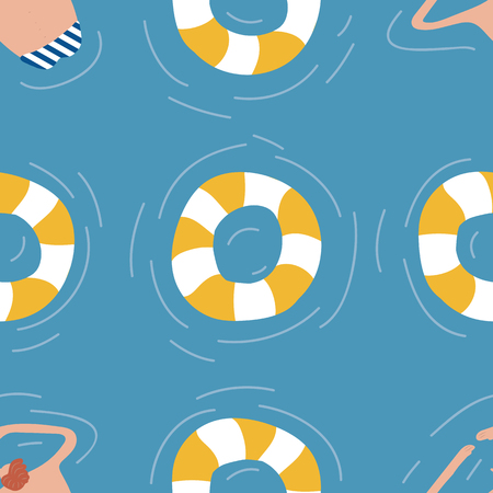 Swimmers in the pool seamless pattern. Summer vector people in swimwear. Healthy lifestyle hawaiian tourists. Top view people in the sea. Beach wet party for boys and girls. Swimmwers in the water.のイラスト素材