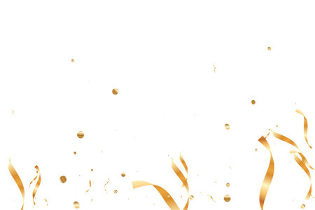Gold confetti, ribbons. Falling glitter. Bokeh background. Abstract golden anniversary invitation template. Wedding concept card. Flying abstract particles. Explosion celebrate card.のイラスト素材