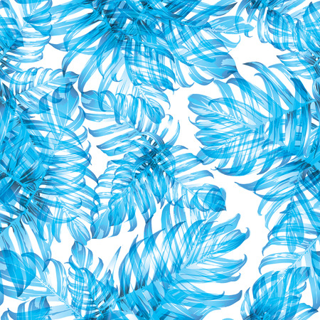 Palm Monstera Seamless Pattern. Blue White Tropical Summer Background. Beach Jungle Leaves for Swimwear Design. Lei Rapport. Retro Hawaiian Print. Exotic Texture. Botanic tiling.のイラスト素材