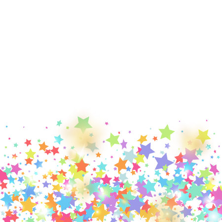 Green, red, yellow,pink star confetti on white background.  Flying shiny sparkle shower. Abstract vector colorful confetti. Birthday party backdrop. Surprise card templateのイラスト素材