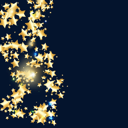 Gold star confetti on black background.  Flying shiny sparkle shower. Abstract vector colorful confetti. Sparkle bright decoration backdrop. Christmas card templateのイラスト素材