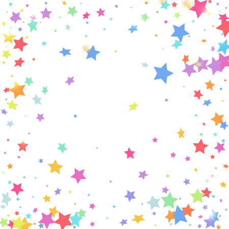 Green, red, yellow,pink star confetti on white background.  Minimalistic fallen particle. Abstract vector colorful confetti. Birthday party backdrop. New Year card templateのイラスト素材