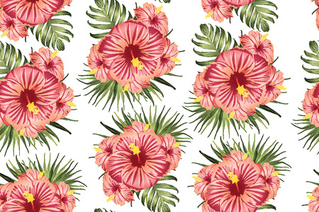 Green red exotic pattern. Monstera leaves and hibiscus flowers in summer print.  Saturated large floral swimwear print. Horizontal california natural texture design. Hypernatural botanic design.のイラスト素材