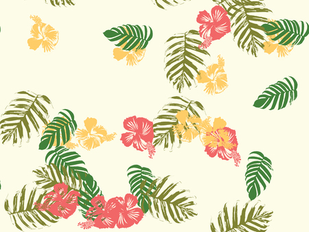 Tropical background. Green, pink, red, yellow monstera, hibiscus, palm vector elements. Hawaiian exotic cover template. Summer botanical backdrop. Vintage print with tropic floral jungle texture.のイラスト素材