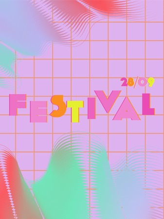 Music cover in blue, violet, pink, green colors. Rock concert flyer. Minimal line brochure. Amplitude layout. Geometric audio cover. Promotion party ads. Vintage wave template.のイラスト素材