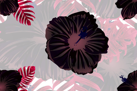Tropical pattern. Red and black exotic summer flower vector background. Beauty fasion monstera, palm leaves and hibiscus flowers. Hawaiian tropic jungle endless print. Natural swimwear design.のイラスト素材