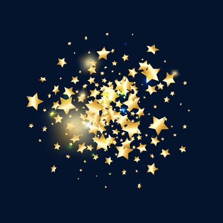 Gold star confetti on black background.  Flying shiny sparkle shower. Abstract vector colorful confetti. Birthday party backdrop. New Year card templateのイラスト素材