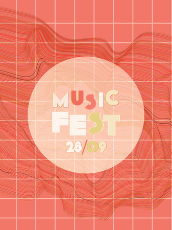 Music cover in blue, violet, pink, orange colors. Radio concert flyer. Minimal line brochure. Soundwave layout. Vibration audio cover. Media party ads. Vintage wave template.のイラスト素材