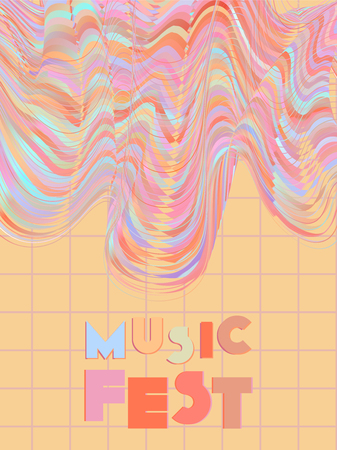 Music cover in blue, violet, pink, green colors. Rock concert flyer. Minimal line brochure. Sound background. Vibration audio cover. Promotion party ads. Vintage wave template.のイラスト素材