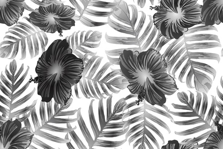 Black white exotic pattern. Monstera and hibiscus flowers tropical bouquet.  Hawaiian t-shirt and swimwear tile.  Horizontal romantic wild vector exotic tile. Hypernatural botanic design.のイラスト素材
