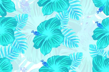 Tropical pattern. Cyan, white, blue exotic summer flower vector