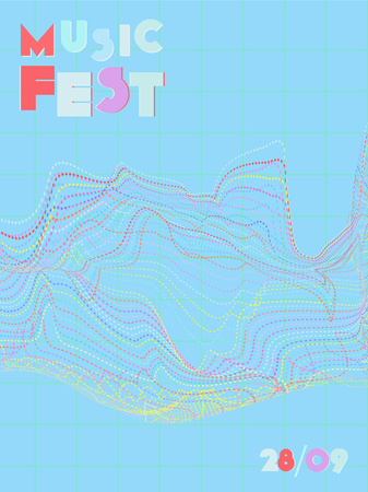 Music cover in blue, violet, pink, green colors. Rock concert flyer. Minimal tech brochure. Waveform layout. Abstract summer gradient. Media party ads. Vintage wave template.のイラスト素材