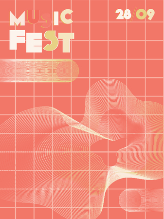 Music cover in blue, violet, pink, orange colors. Radio concert flyer. Minimal line brochure. Soundwave layout. Geometric audio cover. Promotion party ads. Vintage wave template.のイラスト素材