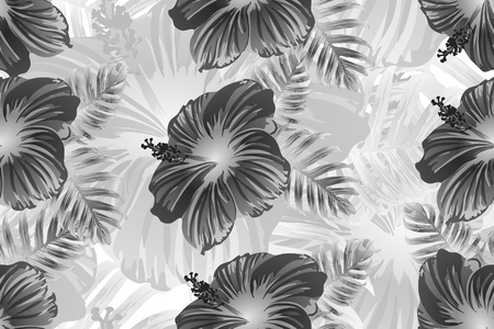 Tropical pattern. White and black exotic summer flower vector background. Beauty fasion monstera, palm leaves and hibiscus flowers. Hawaiian tropic jungle endless print. Natural swimwear design.のイラスト素材