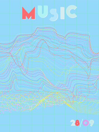 Music cover in blue, violet, pink, green colors. Radio concert flyer. Minimal line brochure. Waveform layout. Abstract summer gradient. Media party ads. Vintage wave template.のイラスト素材