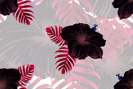 Tropical pattern. Red and black exotic summer flower vector background. Beauty fasion monstera, palm leaves and hibiscus flowers. Hawaiian tropic jungle endless print. Natural swimwear design.のイラスト素材