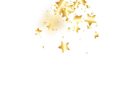 Gold star confetti on white background.  Flying shiny sparkle particles. Abstract vector colorful confetti. Sparkle bright decoration backdrop. New Year card templateのイラスト素材