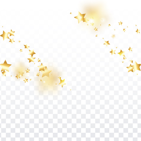 Gold star confetti on transparent background.  Flying shiny sparkle particles. Abstract vector colorful confetti. Sparkle bright decoration backdrop. Surprise card templateのイラスト素材