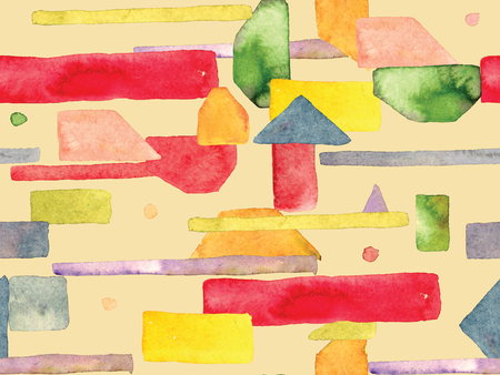 Bauhaus Seamless Pattern. Watercolor Geometric  Yellow Saffron Lines Design. Art Organic Geo Background. Large Unusual Minimal Print. Trendy Fun Abstract Paint Watercolour Colour Stripes.の写真素材