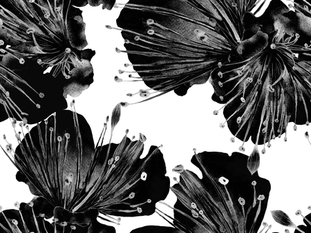 Bold Floral Design. Big Hawaii Seamless Print on Black and White Background. Big Hawaii Summer Aquarelle Granadilla Endless Background. Artistic Bold Floral Design.の写真素材
