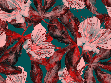 Bold Floral Print. Big Hawaii Seamless Print on Green and Red Background. Big Hawaii Summer Watercolor Maracuya Endless Background. Trendy Bold Floral Print.の写真素材