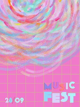 Music cover in pink, blue, cyan, green colors. Radio concert flyer. Minimal line brochure. Waveform layout. Geometric audio cover. Promotion party ads. Vintage wave template.のイラスト素材