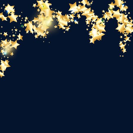 Gold star confetti on black background.  Flying shiny sparkle particles. Holiday vector colorful confetti. Birthday party backdrop. Christmas card templateのイラスト素材