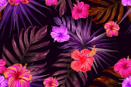 Pink red exotic pattern. Monstera and hibiscus flowers tropical bouquet.  Hawaiian t-shirt and swimwear tile.  Horizontal california natural texture design. Bonny spring botanical design.のイラスト素材