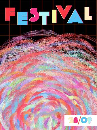 Music cover in blue, violet, pink, green colors. Rock concert flyer. Minimal tech brochure. Waveform layout. Abstract summer gradient. Media party ads. Vintage wave template.のイラスト素材