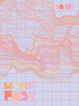 Music cover in blue, cyan, pink, orange colors. Rock concert flyer. Minimal line brochure. Sound background. Geometric audio cover. Creative party advertise. Vintage wave template.のイラスト素材