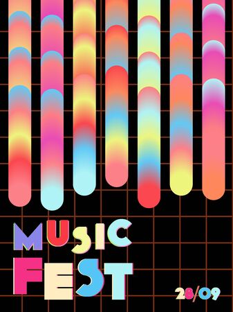 Music cover in blue, violet, pink, green colors. Radio concert flyer. Minimal line brochure. Soundwave layout. Geometric audio cover. Creative party advertise. Vintage wave template.のイラスト素材