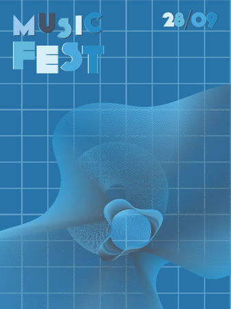 Music cover in navy blue, indigo, white colors. Radio concert flyer. Minimal line brochure. Soundwave layout. Geometric audio cover. Media party ads. Vintage wave template.のイラスト素材