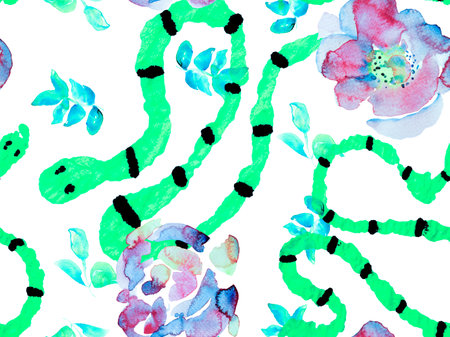 Aspid Seamless Pattern. Snake Skin Print. Venom Dragon Imitation. Classic Blue and Lush Lava Red African Safari Leather and Flora Illustration. Elapidae Exotic Background. Hand Drawn Tropical Pattern.の写真素材