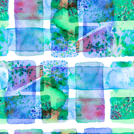 Watercolor Trendy Art. African Geo Brushstroke. Bauhaus Seamless Pattern. Blue Indigo and Tidewater Green Freehand Watercolor Lines. 70s Color Cubism Illustration. Organic Background. Fun Geometry.の写真素材