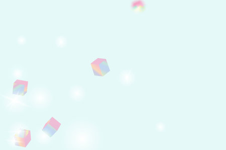 Vector Square Bokeh. Iridescent Background. Birthday Card with Metallic Texture. Chaotic Confetti Backdrop. Foil Border. Holo Confetti. Isolated Holographic Cube Particles. Geometric Anniversary Card.のイラスト素材