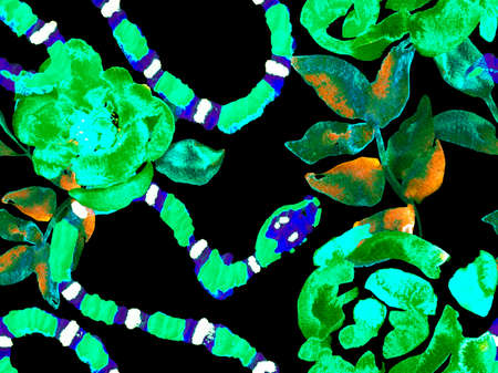 Snake Skin Print. Venom Dragon Imitation. Aspid Seamless Pattern. Green and Aqua Menthe Hand Drawn Tropical Pattern. African Safari Leather and Flora Illustration. Elapidae Exotic Background.の写真素材