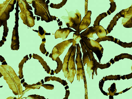Hand Drawn Tropical Pattern. Aspid Seamless Pattern. African Safari Leather and Flora Illustration. Snake Skin Print. Venom Dragon Imitation. Green and Aqua Menthe Elapidae Exotic Background.の写真素材
