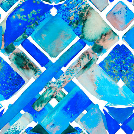 Bauhaus Seamless Pattern. Blue and Indigo Freehand Watercolor Lines. 70s Color Cubism Illustration. Fun Geometry. Organic Background. Watercolor Trendy Art. African Geo Brushstroke.の写真素材