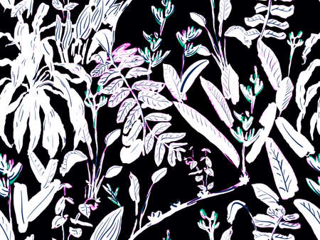 Simple Tropical Clean Seamless Pattern. Monochrome and Greyscale Floral Creative Summer Print. Hand Drawn Hawaii Forest Illustration. Naive Doodle Jungle Design. Exotic Swimwear Foliage Background.の写真素材