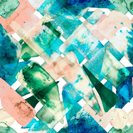 Freehand Watercolor Lines. 70s Color Cubism Illustration. Fun Geometry. Bauhaus Seamless Pattern. Watercolor Trendy Art. African Geo Brushstroke. Indigo Blue and Greyscale Organic Background.の写真素材