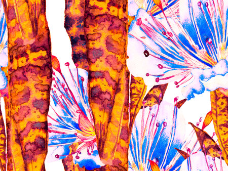 Watercolor leaves Seamless Pattern. Exotic Swimwear Design. Hawaii Aquarelle Print. Rust Orange Summer Floral Background. Botanical Forest Illustration. Vintage Eco Rapport.の写真素材