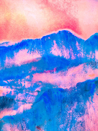 Contemporary Geometric Sketch. Mountain Illustration. Stylized Japanese Watercolor Mountains. Fun Himalayas. Watercolor Korea Print. Green and Teal Asian Hiking Rocky Background.の写真素材